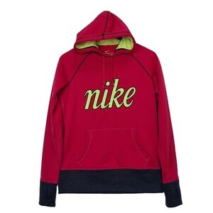 Nike Womens Therma Fit Sz Small Pink Green Fleece Pullover Hoodie Top Thumbholes